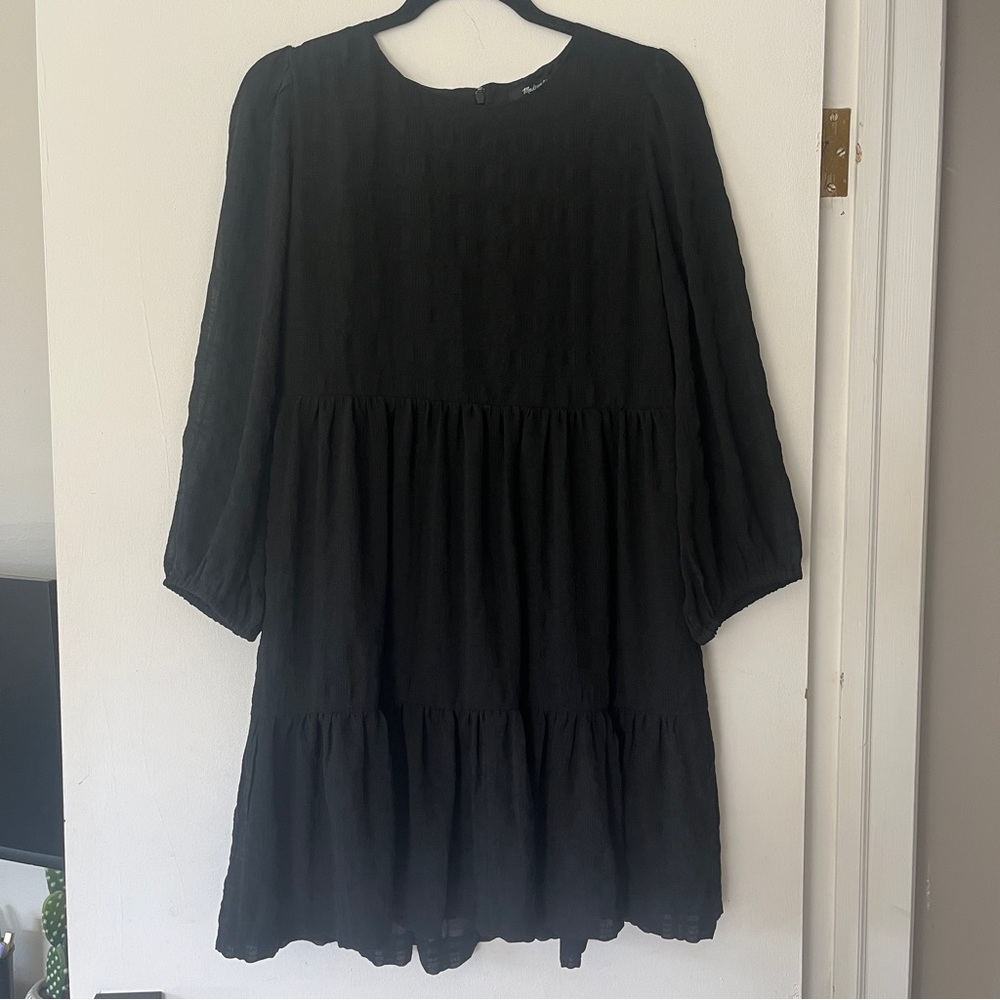 Madewell Women’s Puff-Sleeve Ruffle-Hem Mini Dress sz 8‎ Black Long Sleeve